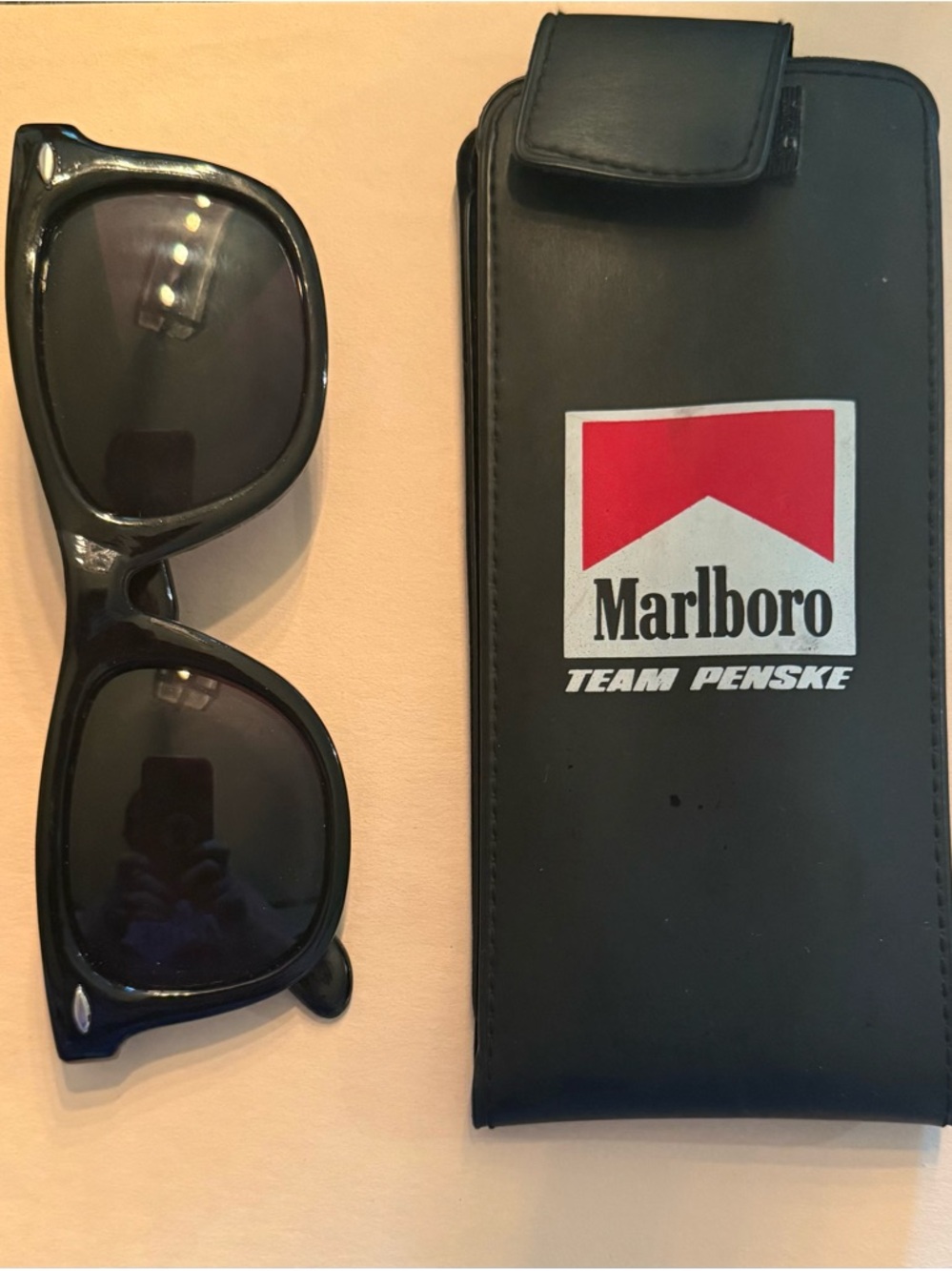 Marlboro Black Sunglasses with Black Team Penske Case and Red Logo Vintage